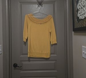 Yellow Off-the-Shoulder Sweater with Three-Quarter Sleeves